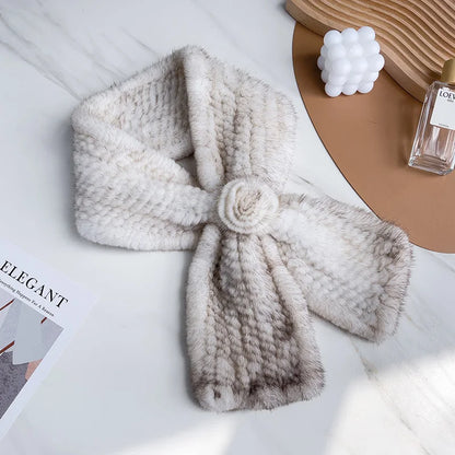 Real Fur Warm Scarf for Women Cross Style One Flower Knitted Design New Fashion Mink Fur Neck Warmer Winter Accessories Scarves