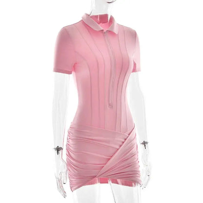 Sibybo Polo Collar Zipper Women Jumpsuits Set Short Sleeve High Elastic Rompers Ruched Bodycon Skirt Spring Casual Matching Sets