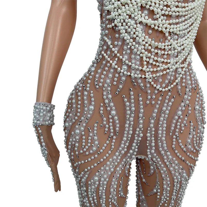 Elegant Pearls Crystal Tassel Wide Leg Jumpsuit Women Plus Size Backless Club Party Rompers Birthday Prom Playsuit Festival Wear