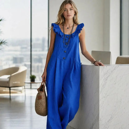 Loose Fit Jumpsuit Ruffle Strap Jumpsuit Women’s Ruffle Crew Neck Jumpsuit with Pockets Wide Leg Rompers Summer Travel