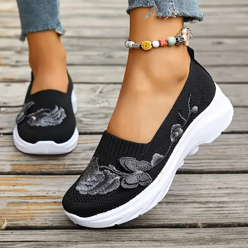 2026 Summer Women Breathable Knit Floral Embroidery Platform Loafers Slip On Walking Shoes Lightweight Soft Cushion Insole Anti Slip Wedge Sole Comfort Casual Daily Outdoor Travel Nurse Footwear Black Khaki Green Multiple Siz