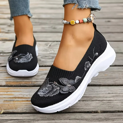 2026 Summer Women Breathable Knit Floral Embroidery Platform Loafers Slip On Walking Shoes Lightweight Soft Cushion Insole Anti Slip Wedge Sole Comfort Casual Daily Outdoor Travel Nurse Footwear Black Khaki Green Multiple Siz