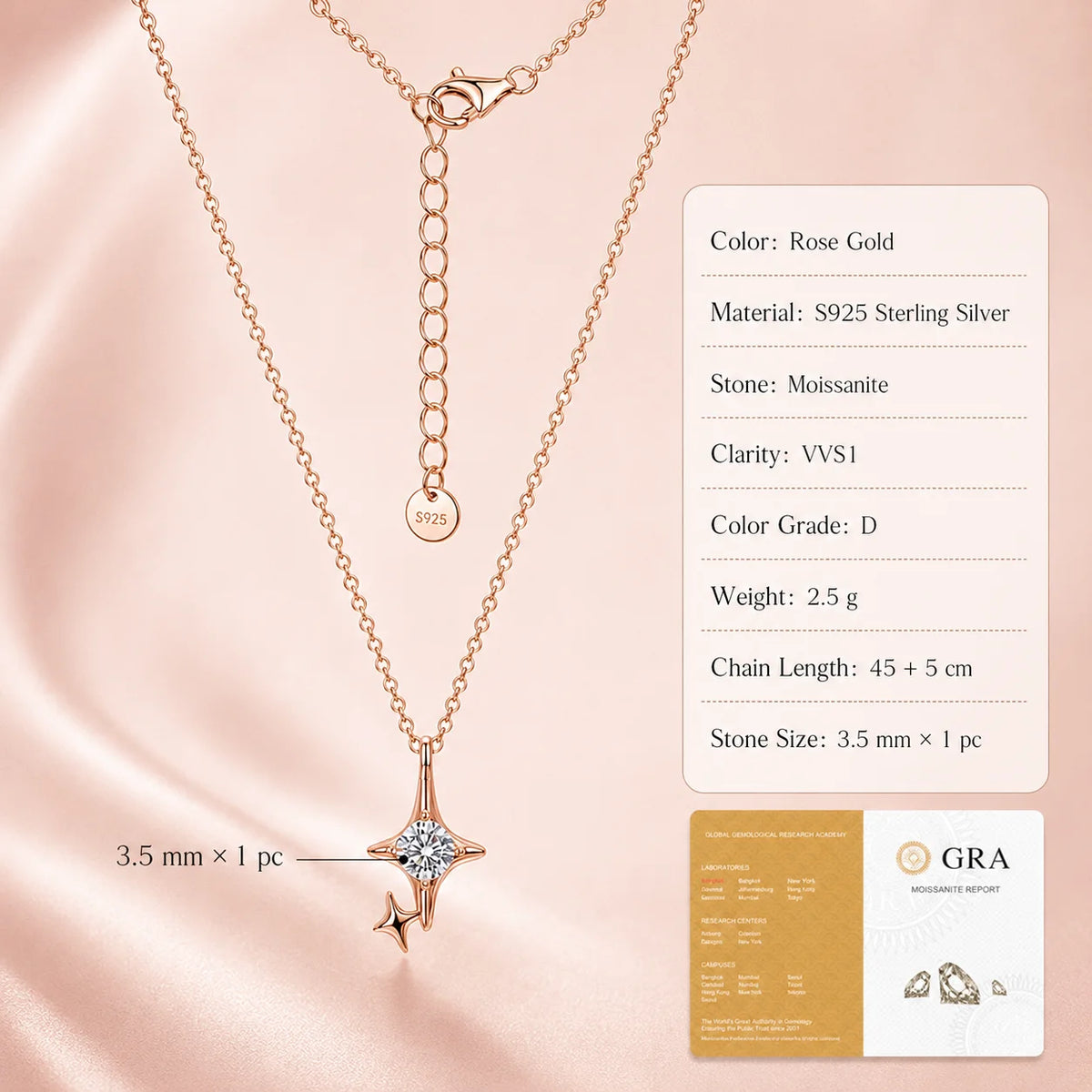 Moissanite Star Pendant Necklace Four Point Double Star O Chain S925 Sterling Silver D Color VVS1 GRA Certified Gift for Women
