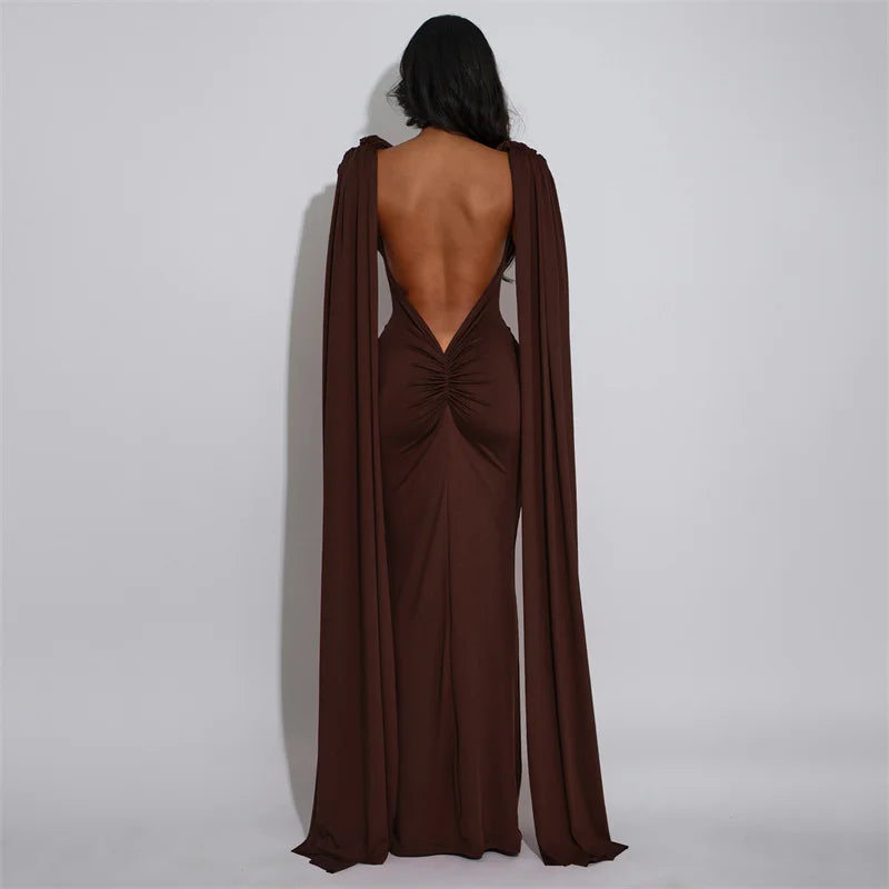 Doyerl Solid Backless Evening Dresses for Women Elegant Celebrity Night Club Fly Sleeve Ruched Party Prom Bodycon Maxi Dress