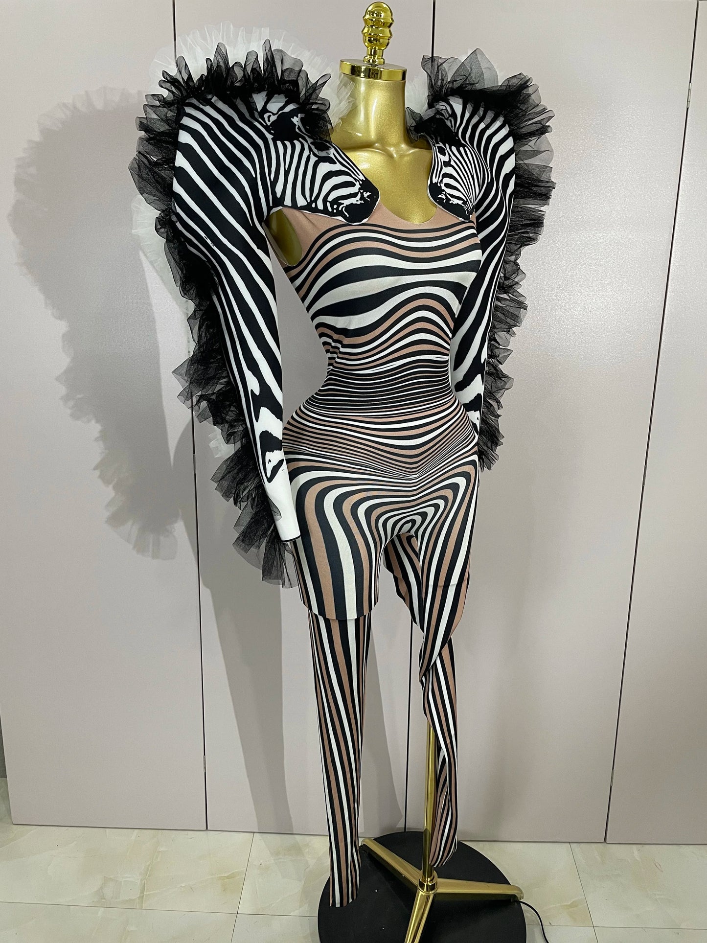 Women Zebra Stripes Long Sleeve Bodycon Jumpsuit Two Piece Set Birthday Party Nightclub Stage Performance Festival Rompers