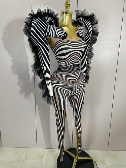 Women Zebra Stripes Long Sleeve Bodycon Jumpsuit Two Piece Set Birthday Party Nightclub Stage Performance Festival Rompers