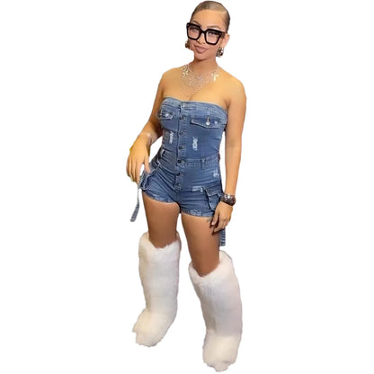 Jumpsuits Women Denim One Piece Jeans Shorts Summer 2025 Short Pants Strapless Backless Hole Washed Distressed Streetwear
