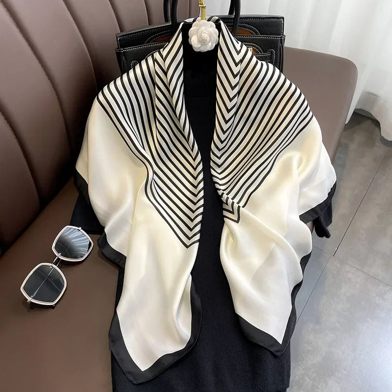 Fashion 90×90CM Geometric Stripe Printed Square Silk Scarf Bandana Women's Neckerchief Hijab Daily Wear Fall Decoration Shawl