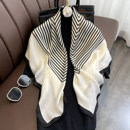 Fashion 90×90CM Geometric Stripe Printed Square Silk Scarf Bandana Women's Neckerchief Hijab Daily Wear Fall Decoration Shawl