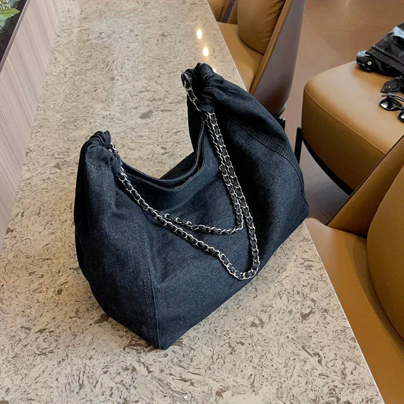 Chic Style Big Chain Shoulder Tote Bags For Women 2023 Luxury Designer Handbags Denim Fabric Pure Color Large Capacity Shoppers