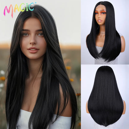 Magic Hair Synthetic Lace Front Wigs For Black Women Straight Bob Wigs 22 inch Easy Wear Ombre Brown Blonde Wig Cosplay Wig