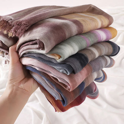 New Fashion Cotton Blend Hijabs Scarf Woman Graduated Color Striped Women Headscarf Retro Versatile Printing Long Shawl