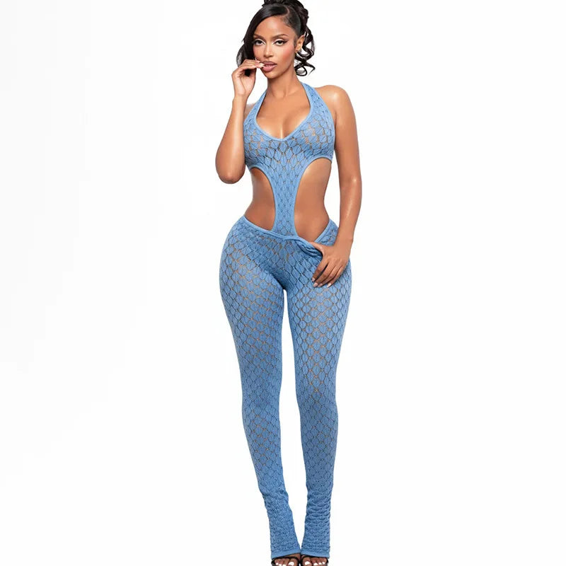 FLARORA Sexy Hollow See Through Jumpsuits Woman Trend Halter V Neck Sleeveless Backless Bandage Jumpsuit Hottie Street Overalls