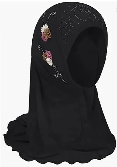 BOHOWAII Kids Girls Muslim Instant Hijab Ready To Wear Islamic Shawls Turban with Flowers Scarfs Jersey Head Wrap (2-7 Y)