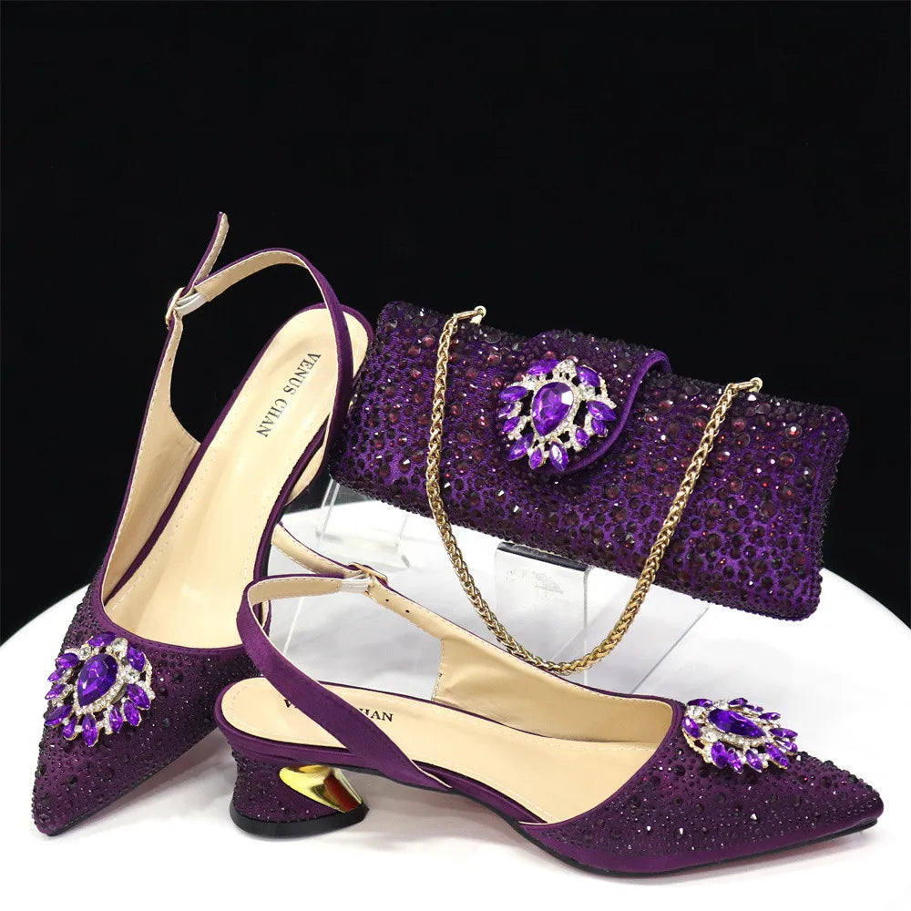 Purple 2024 Italian Design Girly Style Opend Toe Shoes And Bag Full Diamond Decoration with Appliques for Wedding Party