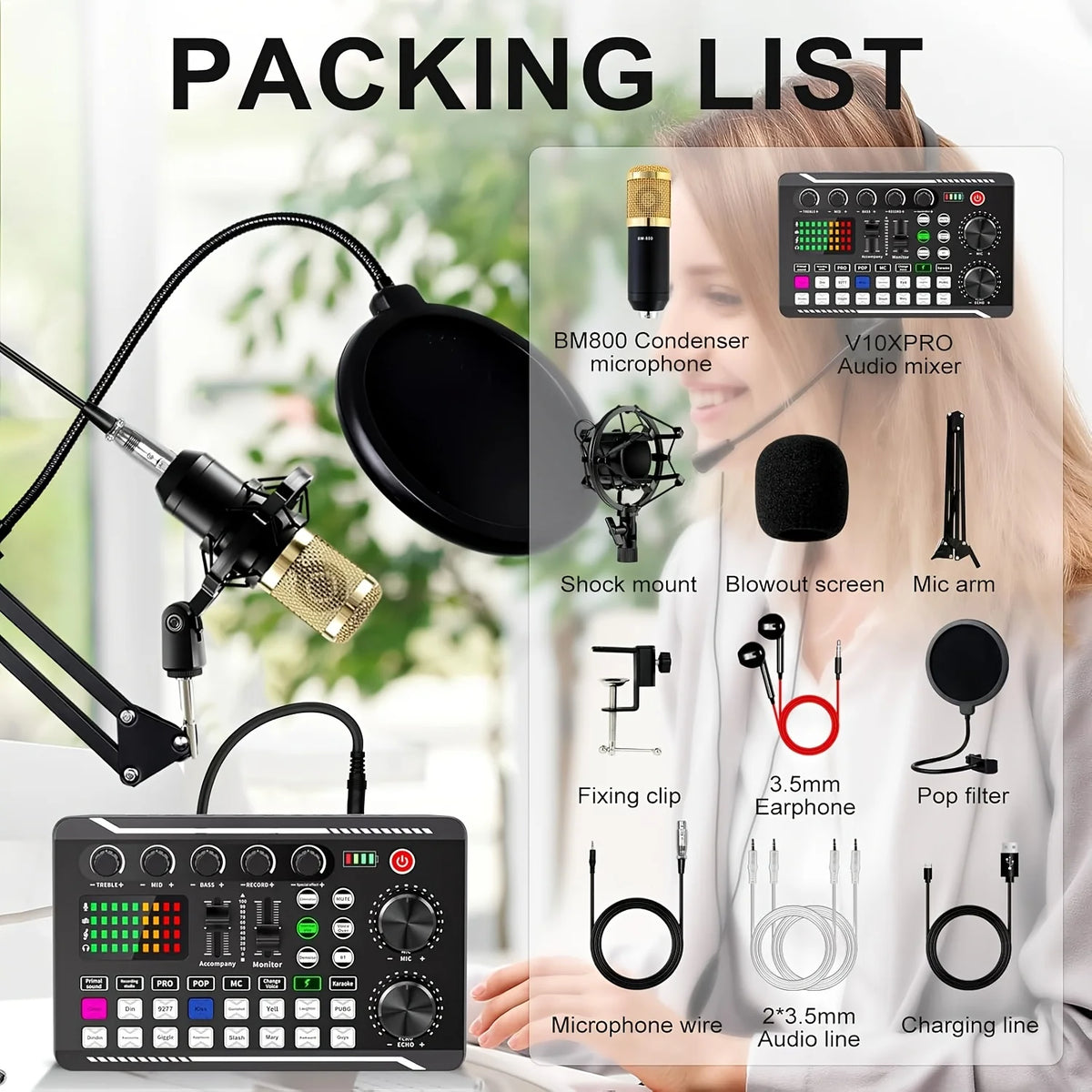 Podcast equipment set, with BM-800microphone (gold)and F998 sound card,podcast equipment forpodcasting,singing, gaming and live streamingstudioequipment