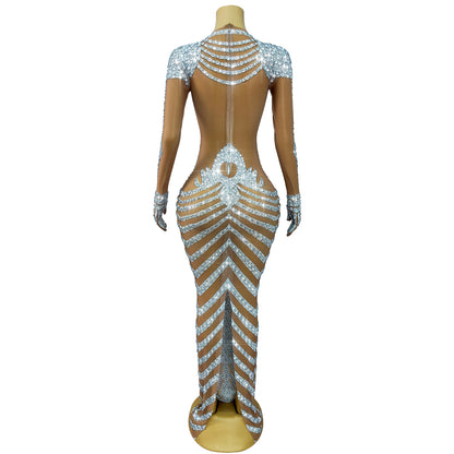 Fashion Skeleton Pattern Designed Shining Rhinestones Mesh Dress Women Halloween Party Celebrate Show Stage Outfit Kulouwang