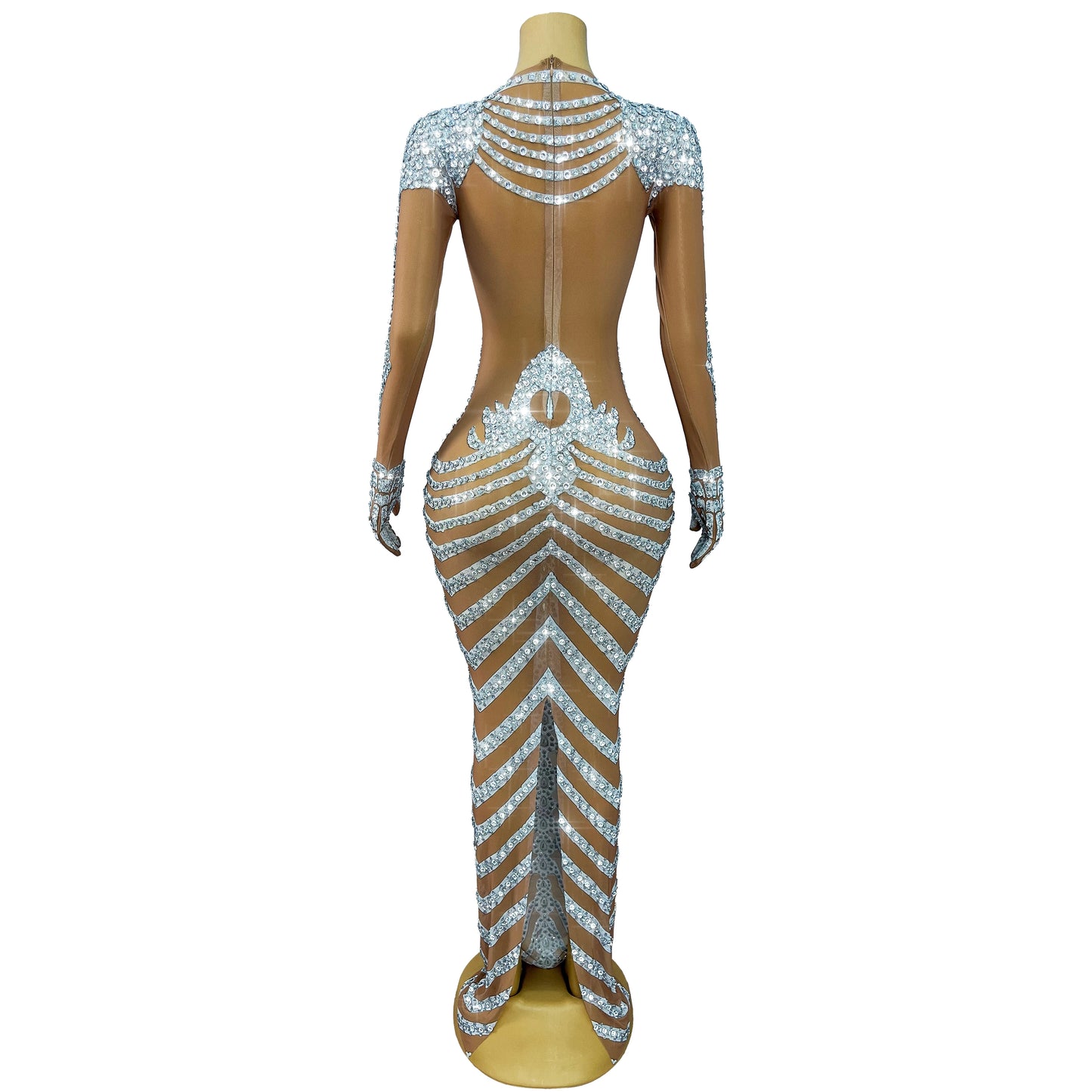 Fashion Skeleton Pattern Designed Shining Rhinestones Mesh Dress Women Halloween Party Celebrate Show Stage Outfit Kulouwang