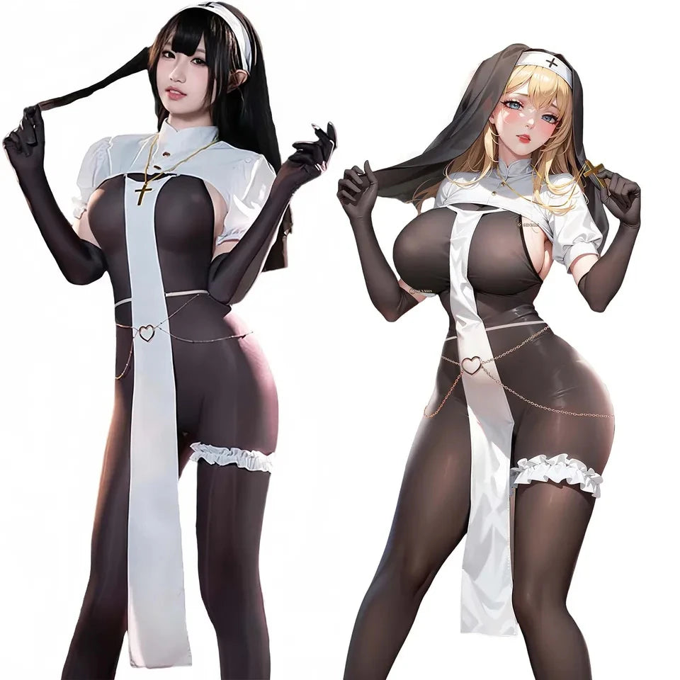 Sexy Nun Uniform Cosplay Halloween Costume Lingerie Open Crotch Jumpsuit Black See Though Tight Bodysuit Women Bodystocking