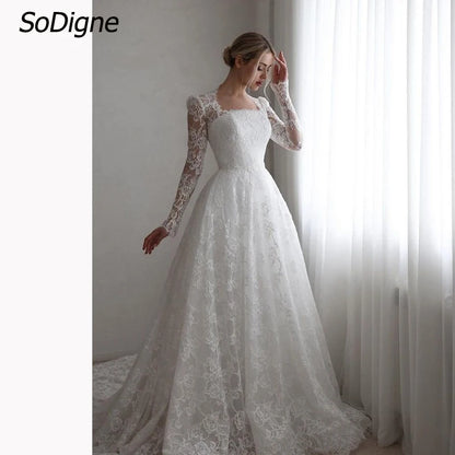 SoDigne A-line Boho Lace Wedding Dress Full Sleeves Square Collar Bride Dresses Long Bridal Gowns Vestidos De Novia Customized