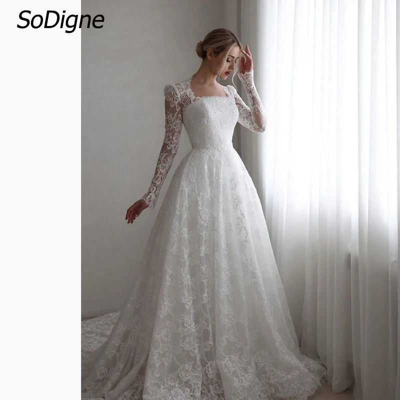 SoDigne A-line Boho Lace Wedding Dress Full Sleeves Square Collar Bride Dresses Long Bridal Gowns Vestidos De Novia Customized