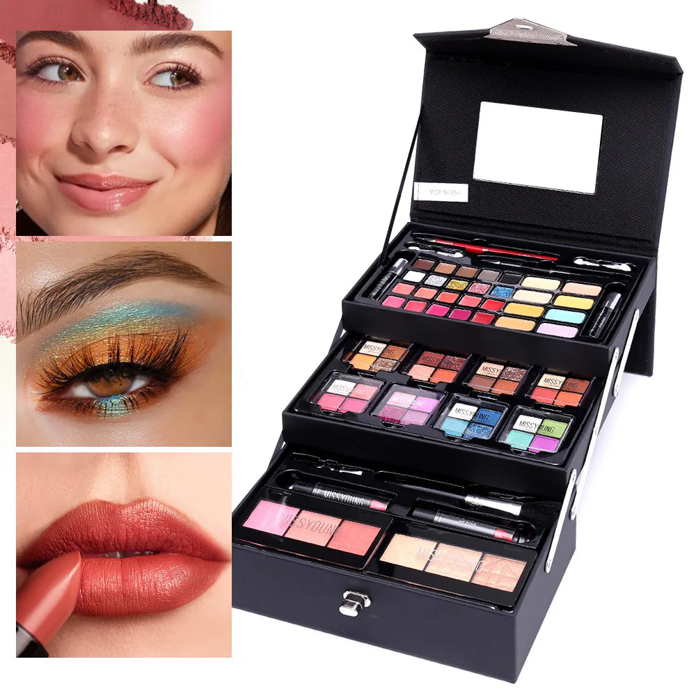 Portable Makeup Case Set Eyeshadow Lipstick Eyeliner Lip Liner Blush Complete Facial Cosmetic Kit, Ideal Holiday Gift Makeup Set
