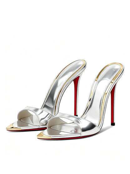 Customized metal pointed high-heeled cool slippers for summer,with a slim heel and elegant styleworn externally with a half drag