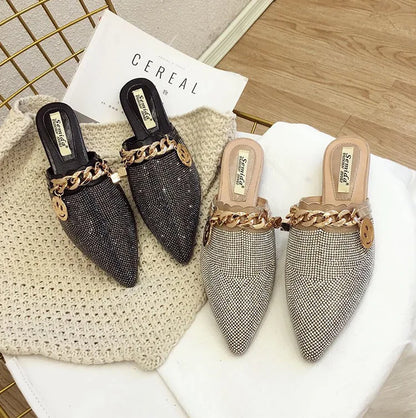 2025 New Summer Shoes for Women Luxury Slipper Girl Bling Crystal Chain Casual Flat Sandals Girl Pointed Toe Slides