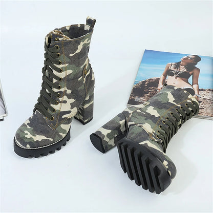 Camouflage Women Ankle Boots Lace-up Chunky High Heel Platform Botas Mujer Ladies Autumn Denim Shoes Riding Boot