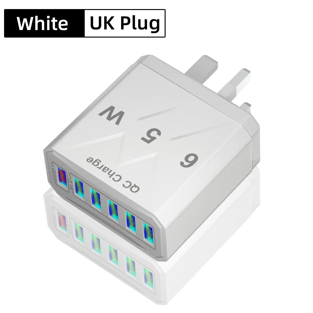 6 Ports USB Charger Fast Charging QC3.0 Travel Charger For iPhone17 16 Samsung Xiaomi Vivo Mobile Phone Adapter EU US UK Plug