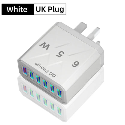 6 Ports USB Charger Fast Charging QC3.0 Travel Charger For iPhone17 16 Samsung Xiaomi Vivo Mobile Phone Adapter EU US UK Plug