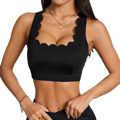Anfilia Women Sports Bras Quick Dry Fitness Square Neck Scalloped Trim Back Cross Straps Built-In Bras Yoga Gym Crop Tops