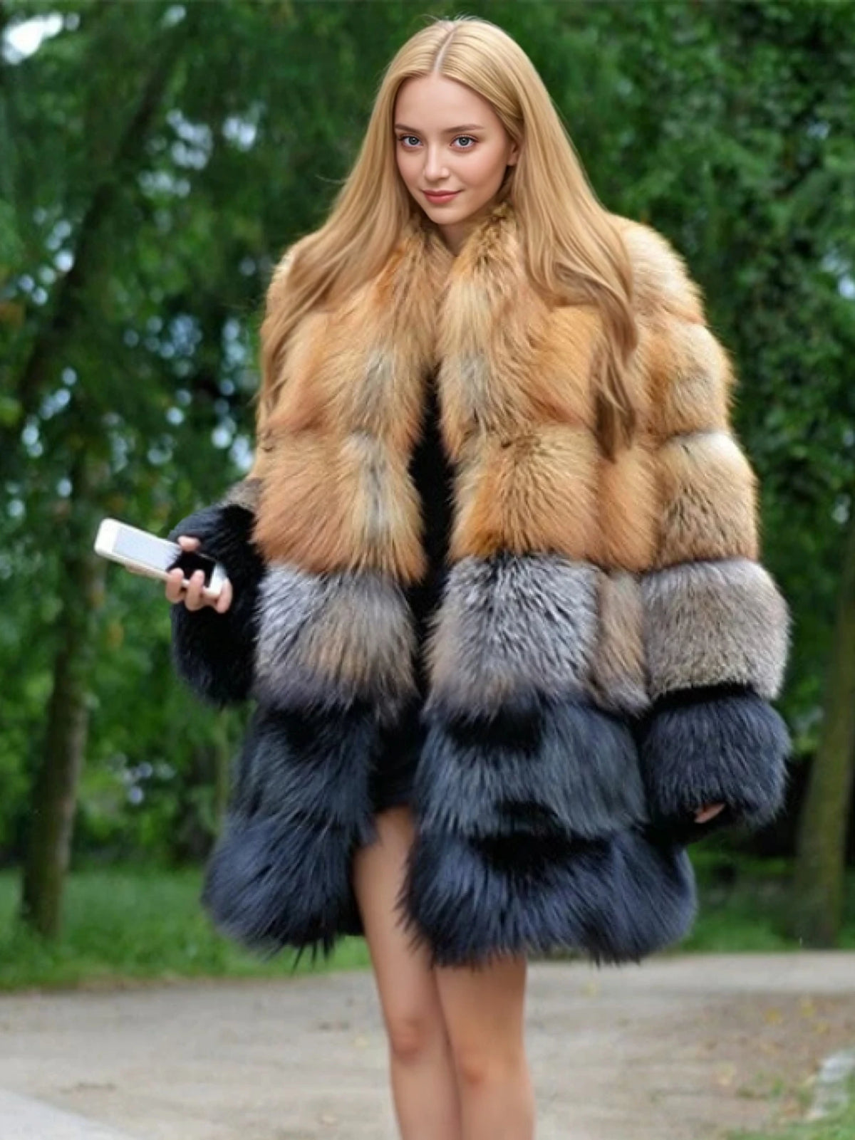 Women Winter Faux Fur Fox Coats mid-length Jackets Furry Outerwear Party Gradient splicing design Thick Warm Coats