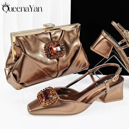 Queena Yan 2025 Nigerian Banquet Shoes and Bag Set Fashion Ladies Matching Shoes and Bag High Heels Wedding Party Coffee Color