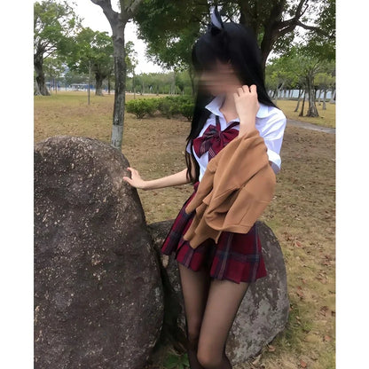 Cosplay School Uniform for Girls Japanese Students JK Uniform Short-sleeved shirt, Red Checked Skirts