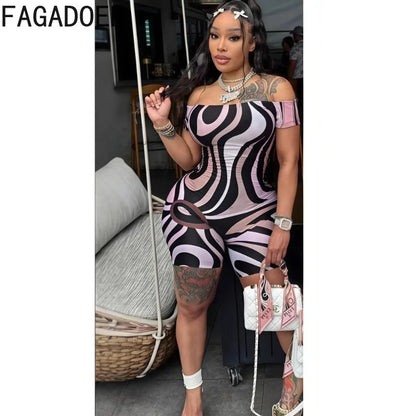 FAGADOER Sexy Stripe Print Bodycon Romper Women Off Showlder Backless One-piece Jumpsuits Hot Girl Streetwear Overalls 2025 New