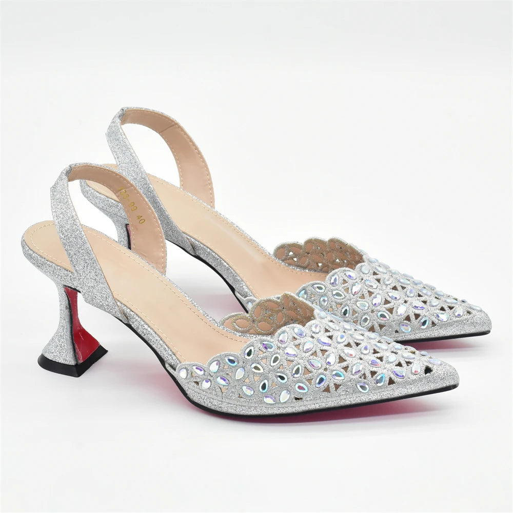 New Design Nigerian Women Shoes and Bag Set Decorated with Rhinestone in Italy African Party Luxury Heel Shoes Pumps with Heels
