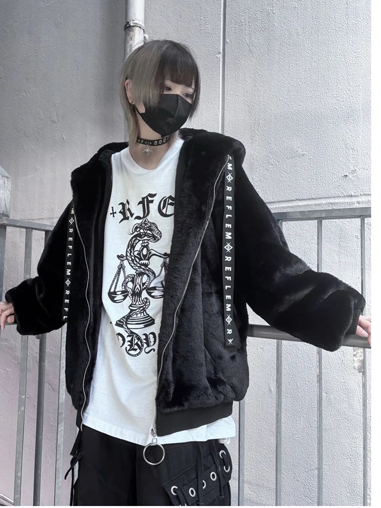 Mauroicardi Autumn Winter Sweet Cute Kawaii Soft Thick Warm Black Faux Fur Coat Women with Bunny Ears Cute Fluffy Jacket Hoodie