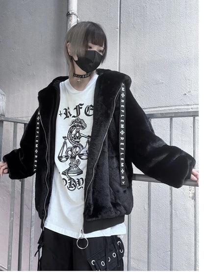Mauroicardi Autumn Winter Sweet Cute Kawaii Soft Thick Warm Black Faux Fur Coat Women with Bunny Ears Cute Fluffy Jacket Hoodie