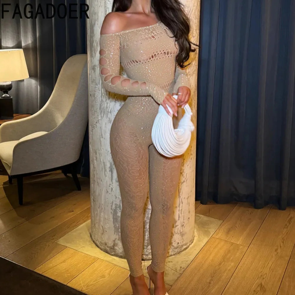 FAGADOER Spring Summer New Sexy Jumpsuits Women See Through Hollow Out Rhinestone Patchwork Rompers Female Streetwear Overalls