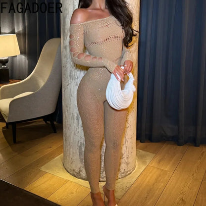 FAGADOER Spring Summer New Sexy Jumpsuits Women See Through Hollow Out Rhinestone Patchwork Rompers Female Streetwear Overalls