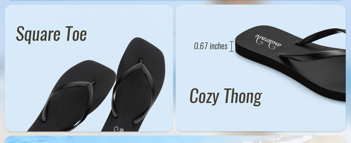 Evshine Women's Square Toe Flip Flops Summer New Comfort Rubber Beach Thong Sandals Lightweight Pool Slides Bath Shower Slippers