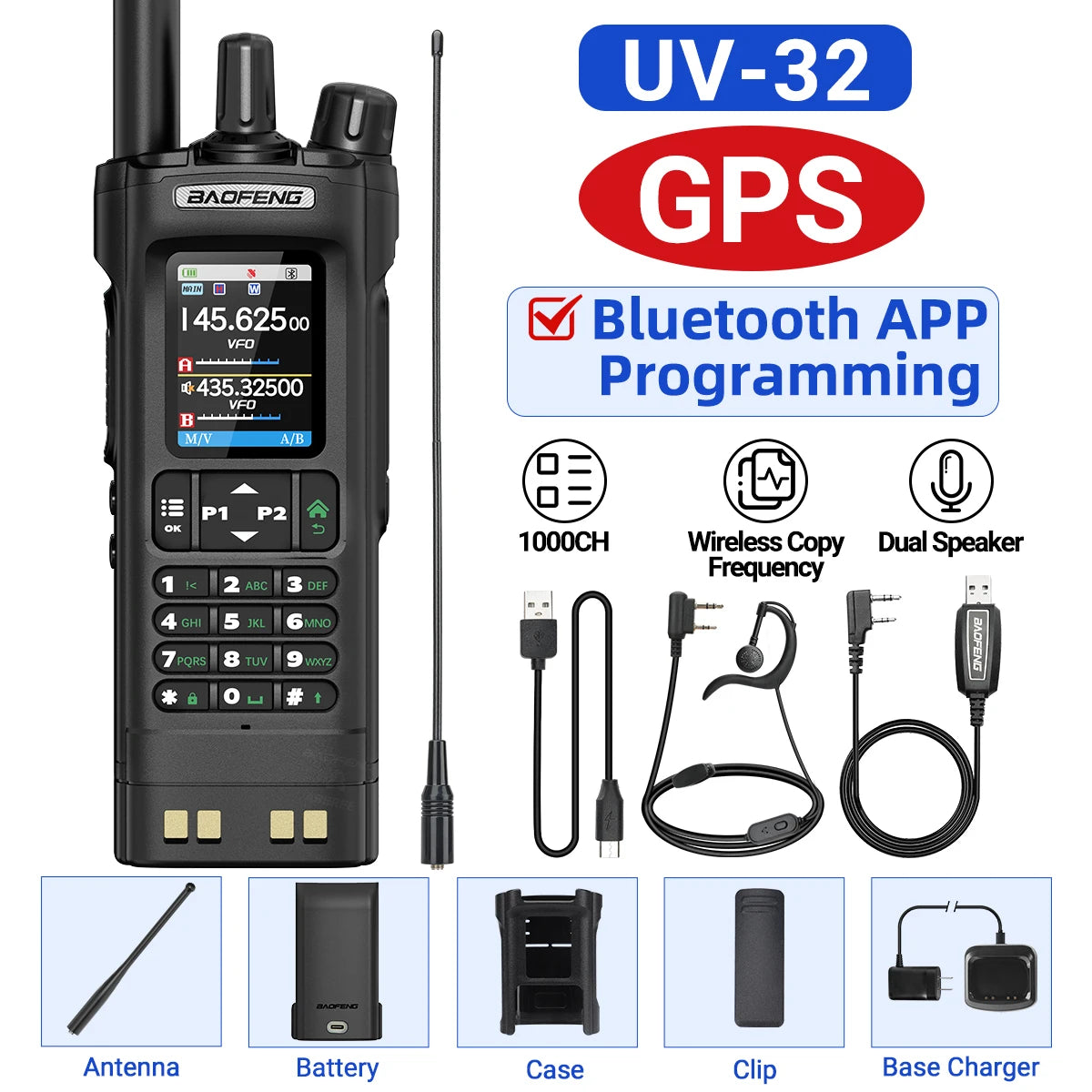 BAOFENG UV-32 GPS Walkie Talkie 10W Air Band Bluetooth Programming Wireless Copy Frequency Full Band FM Long Range Two Way Radio