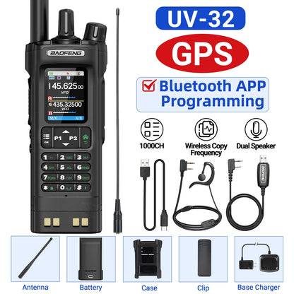 BAOFENG UV-32 GPS Walkie Talkie 10W Air Band Bluetooth Programming Wireless Copy Frequency Full Band FM Long Range Two Way Radio