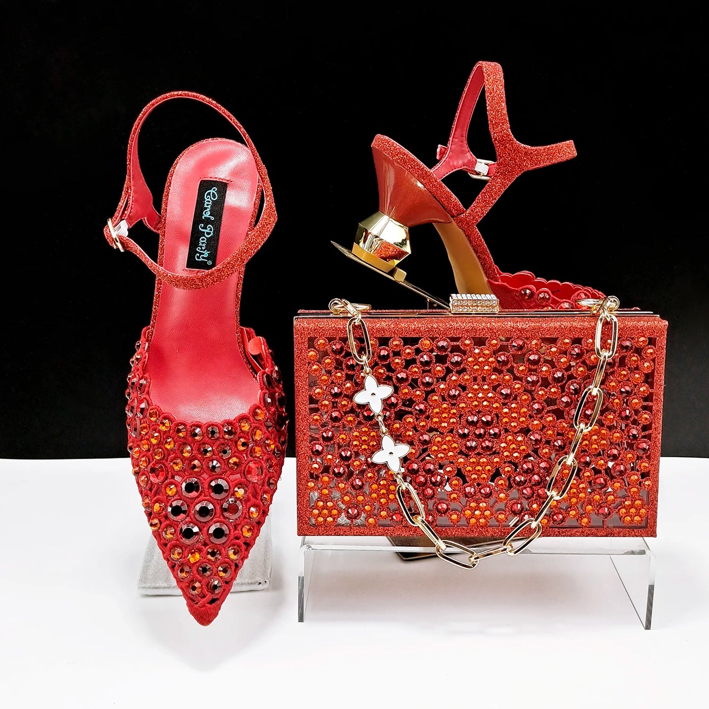 Party Style African Women's Shoes Bags Rhinestone Embellished Pointed Toe Cutout Heels Square Clutch Bag