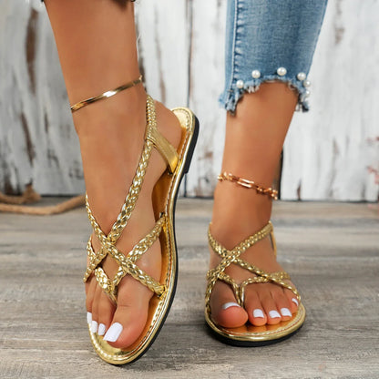 Women Beach Woven Hollow Sandals Women Flats Casual Clip Toe Sandals Summer 2026 New Fashion Walking Zapatos Dress Femme Slides