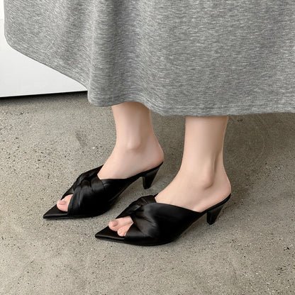Women's Summer Sandals Luxury Satin Elegant Lady Pumps And Heels Peep Toe Dresss Party Wedding Shoes Pleated Sandal