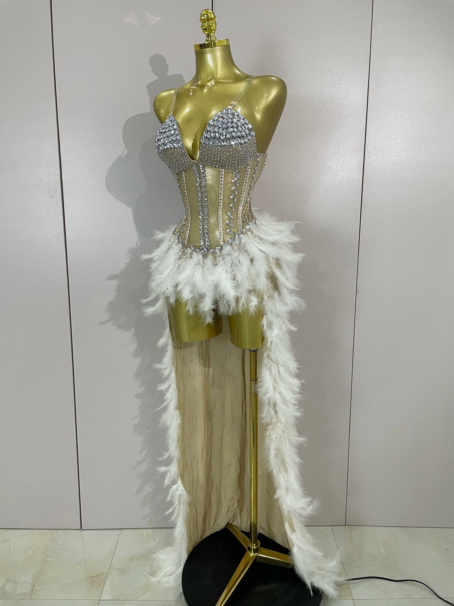 Sparkly Rhinestones Feathers Long Tail Bodysuits Sexy Mesh Transparent Stage Dress Evening Party Celebrate Luxury Birthday Dress