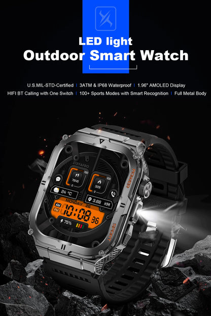 New Men's Smart Watch LED Flashlight waterproof Outdoor Sports Watch Health Monitoring Fitness tracker Suitable for IOS Android