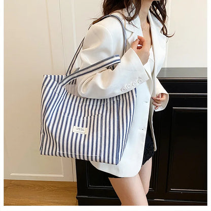 Contrast Color Stripes Women Shoulder Bags Versatile Ladies Large Capacity Tote Bag Lightweight Portable Female Shopping Handbag